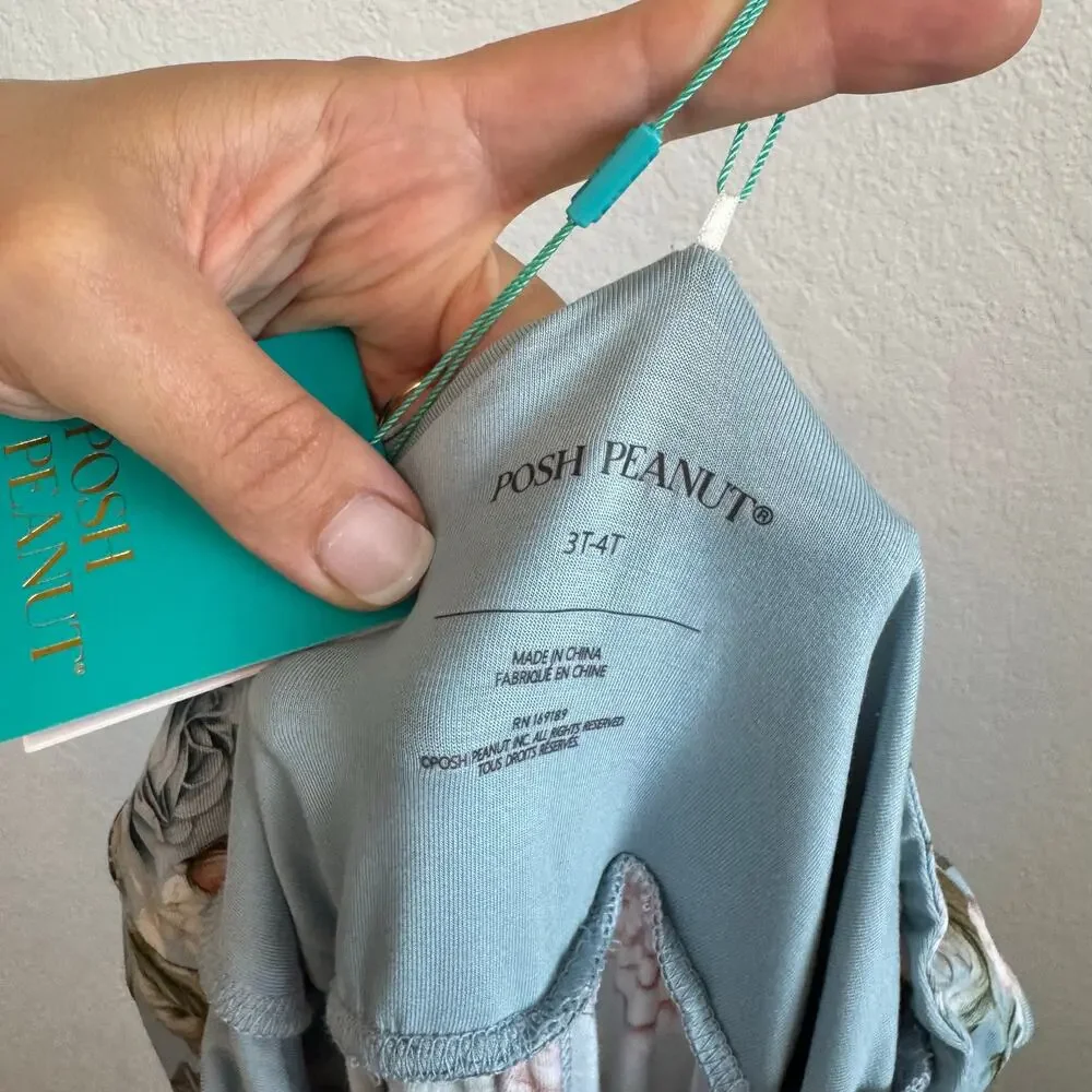 NEW NWT Posh Peanut Floral Scoop Neck Short Sleeve Wide Leg Jumpsuit Blue 3T-4T - Picture 9 of 9